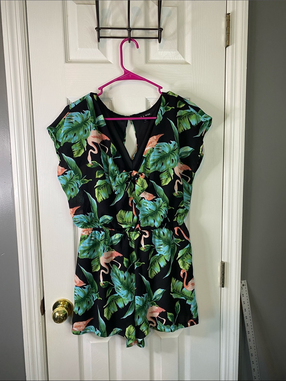 As U Wish Black Romper with Green Leaf & Pink Flamingo Print Size Medium